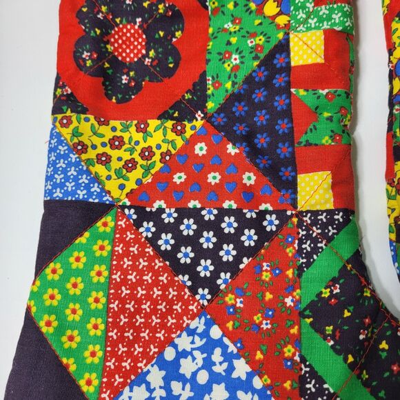 Vintage Patchwork Christmas Stocking Primitive Farmhouse Fringe Set of 2 - Picture 14 of 16